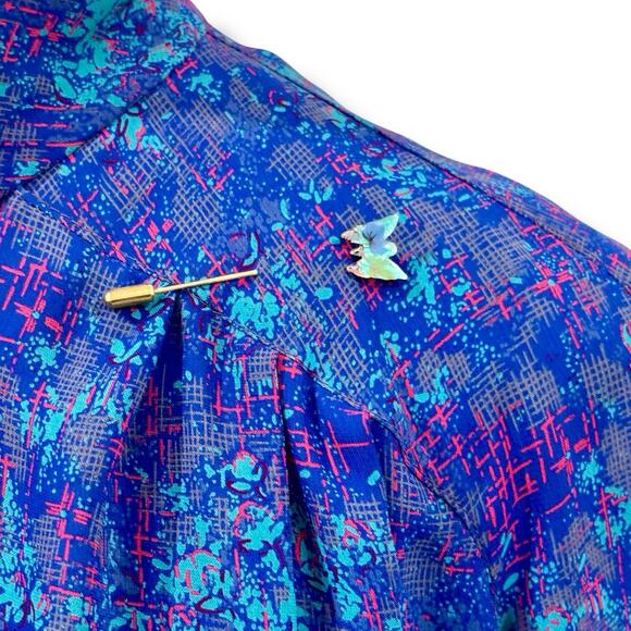 Vintage Willi Size M Blue Belted Midi Dress Brooch USA Secretary - Picture 6 of 10